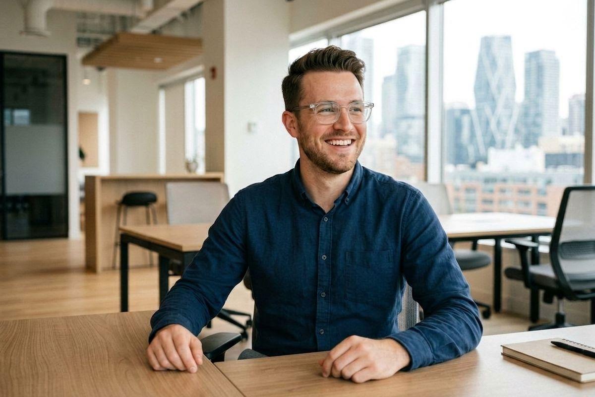 Smiling adult wearing glasses seated at a desk in a modern open-plan office with a city skyline visible through large windows.