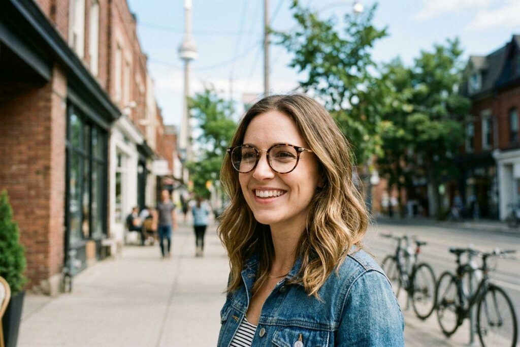 Smiling adult wearing round tortoiseshell glasses and a denim jacket standing on a busy urban sidewalk with brick buildings and a tower visible behind.