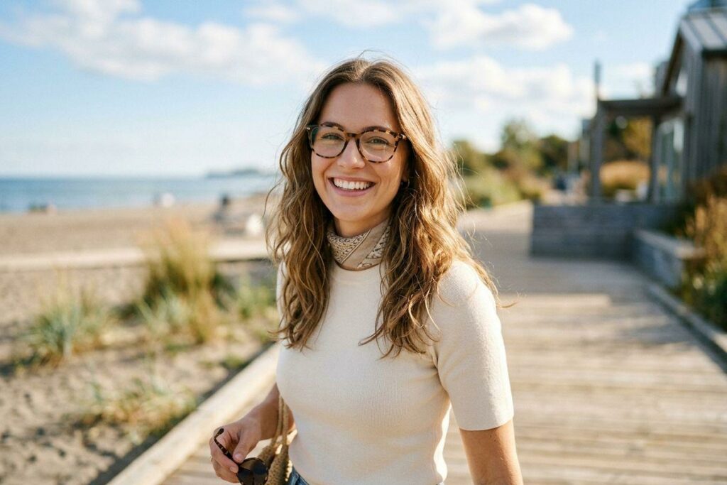 Smiling adult wearing tortoiseshell glasses standing on a sunny beachside boardwalk, holding sunglasses, with sand and ocean in the background.