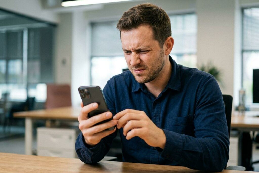 Adult sitting at a desk in an open office, frowning while looking at a smartphone held in both hands.