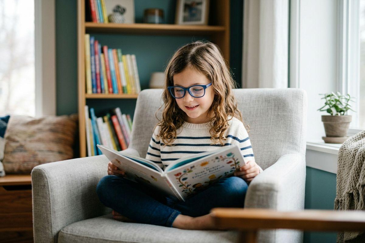 Child wearing blue glasses sits cross-legged in an armchair, smiling while reading a picture book, with a bookshelf behind them.