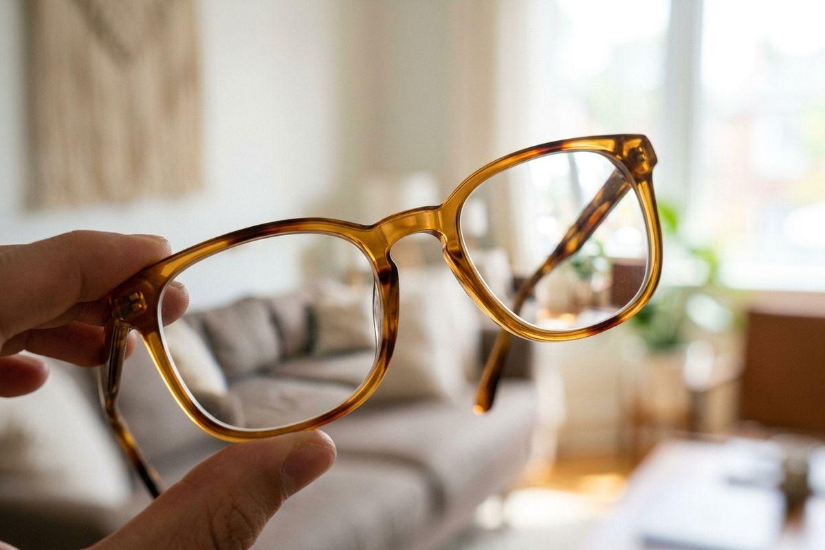A hand holds up amber tortoiseshell eyeglasses with clear lenses in front of a blurred living room interior.