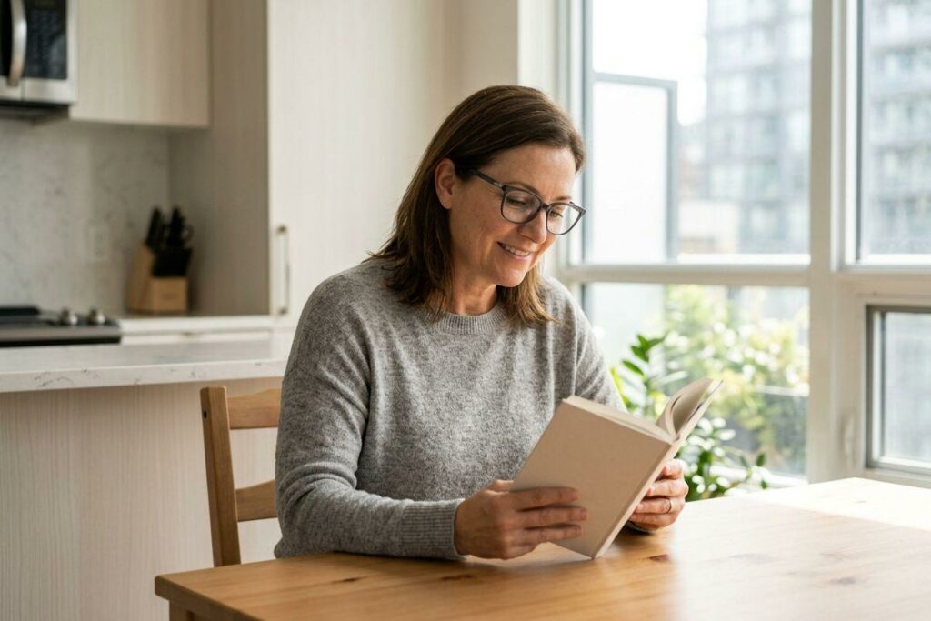 Adult with glasses sitting at a wooden kitchen table, smiling while reading a book, with large windows in the background.